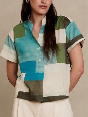 Banana Republic Multicolor Patchwork Short-Sleeve Top (Blue, Teal, Green, Cream)